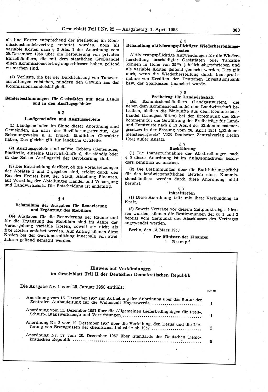 Gesetzblatt (GBl.) der Deutschen Demokratischen Republik (DDR) Teil Ⅰ 1958, Seite 303 (GBl. DDR Ⅰ 1958, S. 303)