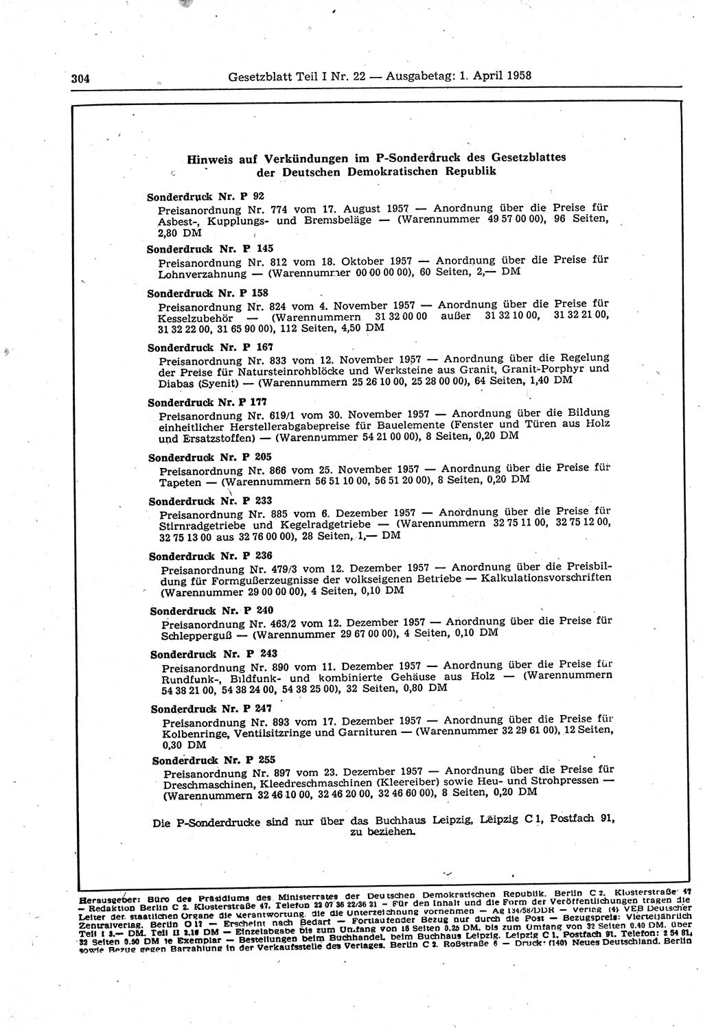 Gesetzblatt (GBl.) der Deutschen Demokratischen Republik (DDR) Teil Ⅰ 1958, Seite 304 (GBl. DDR Ⅰ 1958, S. 304)
