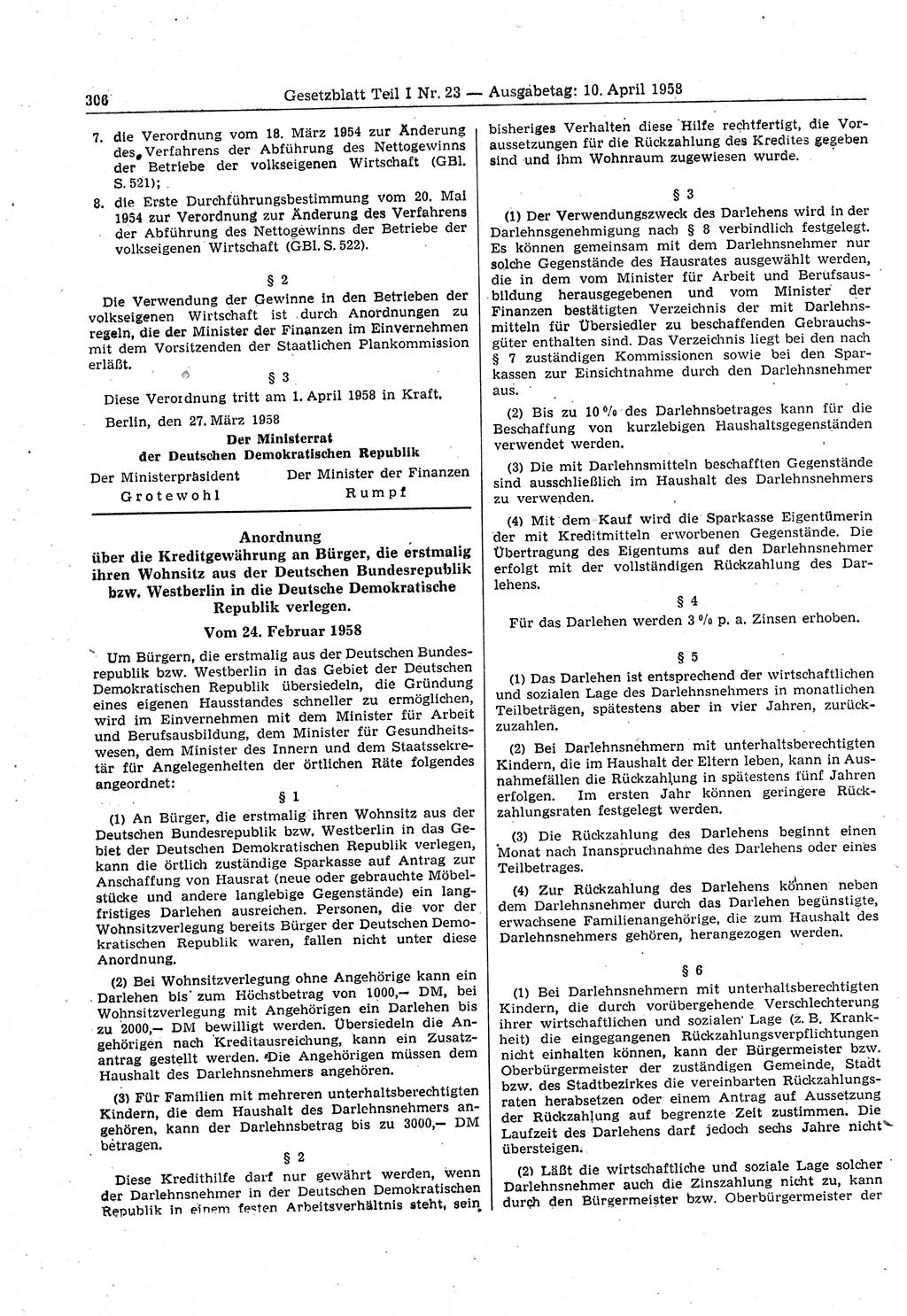 Gesetzblatt (GBl.) der Deutschen Demokratischen Republik (DDR) Teil Ⅰ 1958, Seite 306 (GBl. DDR Ⅰ 1958, S. 306)