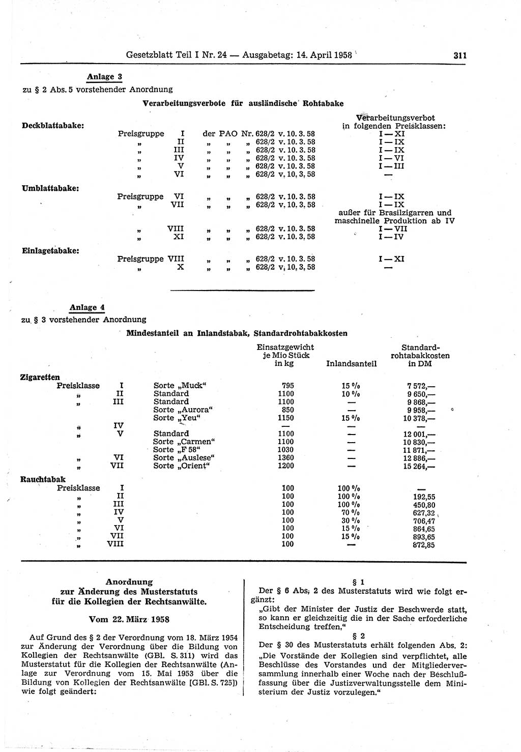 Gesetzblatt (GBl.) der Deutschen Demokratischen Republik (DDR) Teil Ⅰ 1958, Seite 311 (GBl. DDR Ⅰ 1958, S. 311)