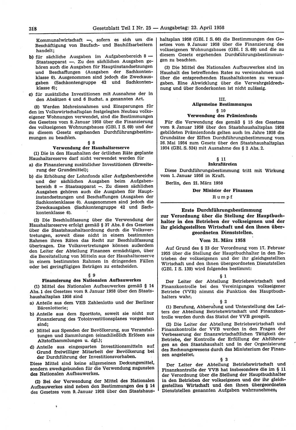 Gesetzblatt (GBl.) der Deutschen Demokratischen Republik (DDR) Teil Ⅰ 1958, Seite 318 (GBl. DDR Ⅰ 1958, S. 318)