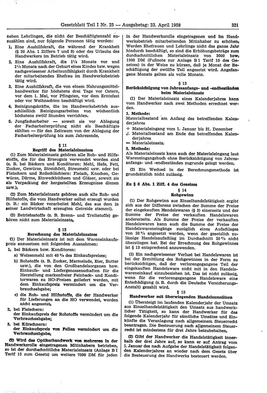 Gesetzblatt (GBl.) der Deutschen Demokratischen Republik (DDR) Teil Ⅰ 1958, Seite 321 (GBl. DDR Ⅰ 1958, S. 321)