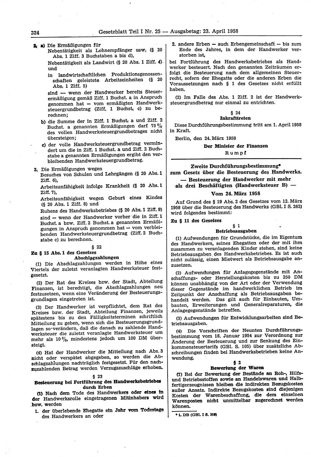 Gesetzblatt (GBl.) der Deutschen Demokratischen Republik (DDR) Teil Ⅰ 1958, Seite 324 (GBl. DDR Ⅰ 1958, S. 324)