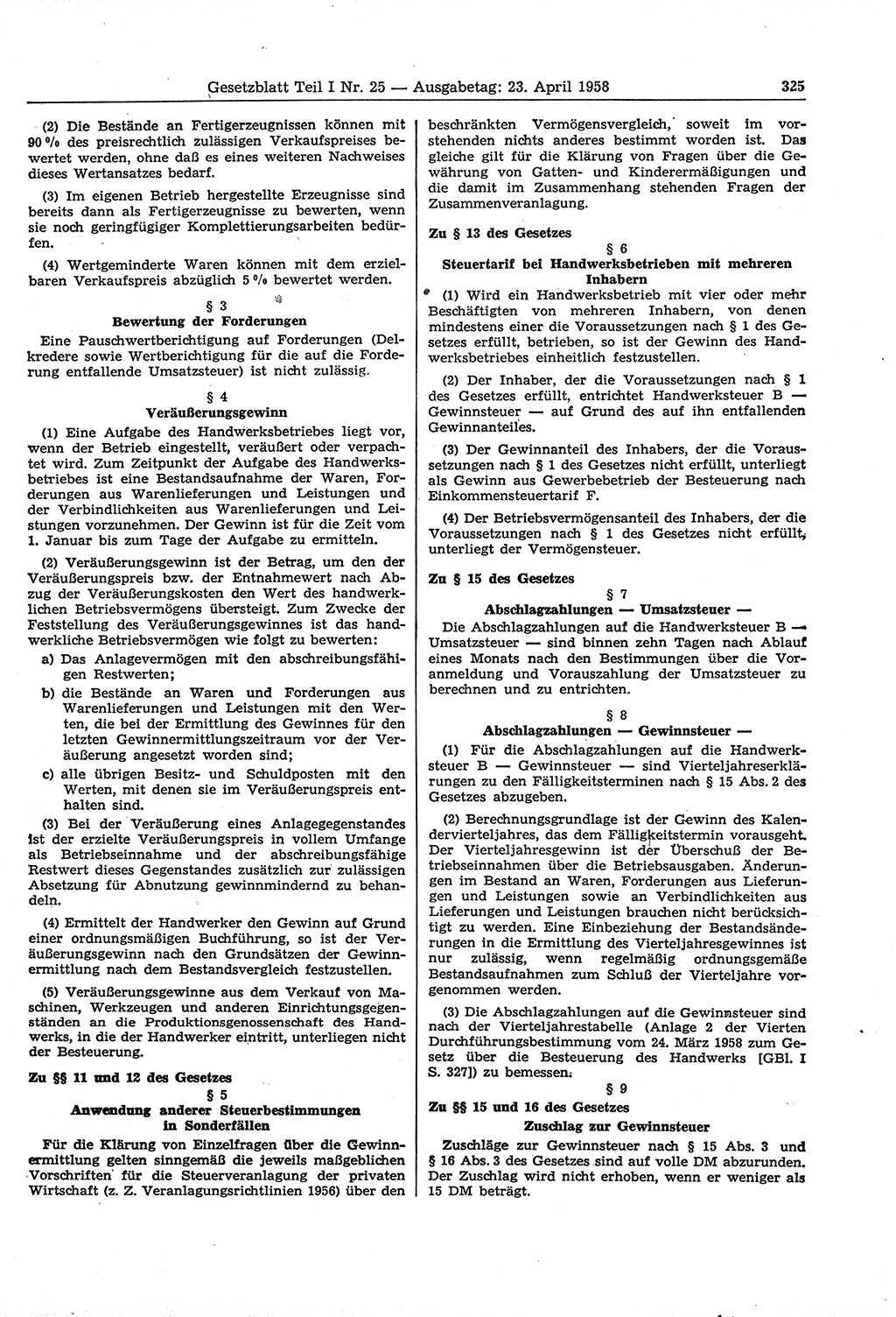 Gesetzblatt (GBl.) der Deutschen Demokratischen Republik (DDR) Teil Ⅰ 1958, Seite 325 (GBl. DDR Ⅰ 1958, S. 325)