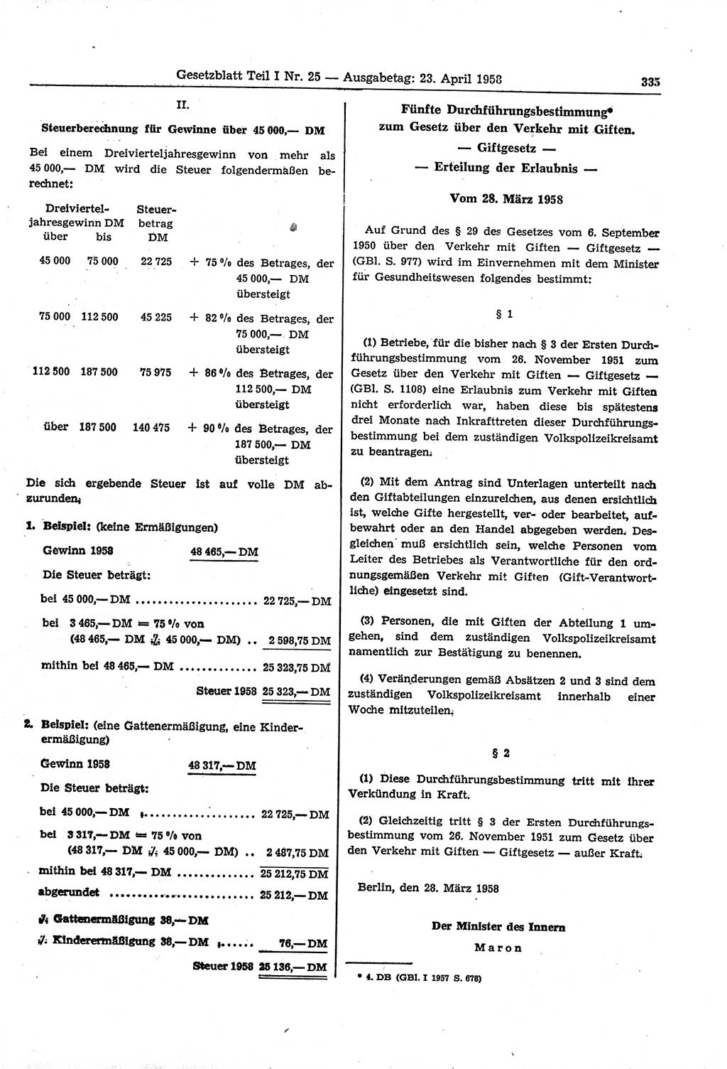 Gesetzblatt (GBl.) der Deutschen Demokratischen Republik (DDR) Teil Ⅰ 1958, Seite 335 (GBl. DDR Ⅰ 1958, S. 335)