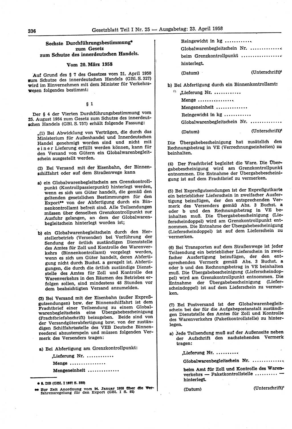 Gesetzblatt (GBl.) der Deutschen Demokratischen Republik (DDR) Teil Ⅰ 1958, Seite 336 (GBl. DDR Ⅰ 1958, S. 336)
