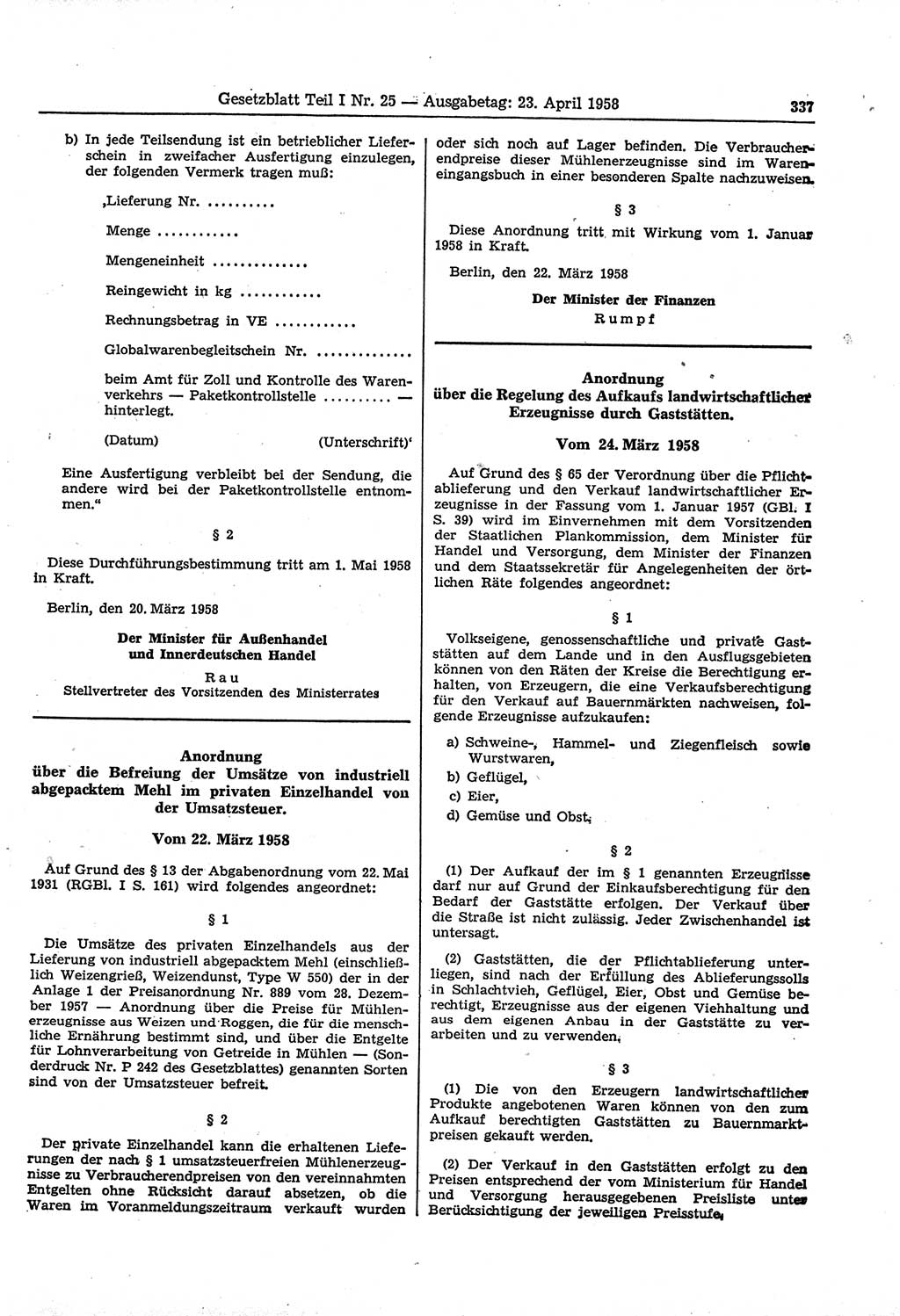 Gesetzblatt (GBl.) der Deutschen Demokratischen Republik (DDR) Teil Ⅰ 1958, Seite 337 (GBl. DDR Ⅰ 1958, S. 337)