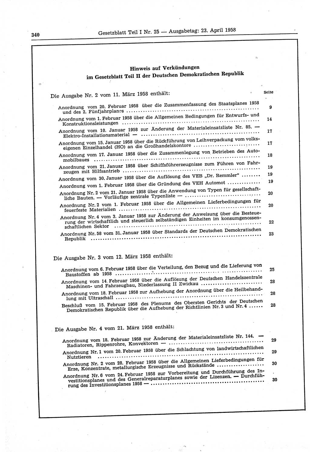 Gesetzblatt (GBl.) der Deutschen Demokratischen Republik (DDR) Teil Ⅰ 1958, Seite 340 (GBl. DDR Ⅰ 1958, S. 340)