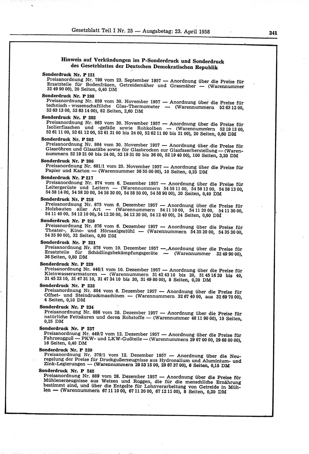 Gesetzblatt (GBl.) der Deutschen Demokratischen Republik (DDR) Teil Ⅰ 1958, Seite 341 (GBl. DDR Ⅰ 1958, S. 341)