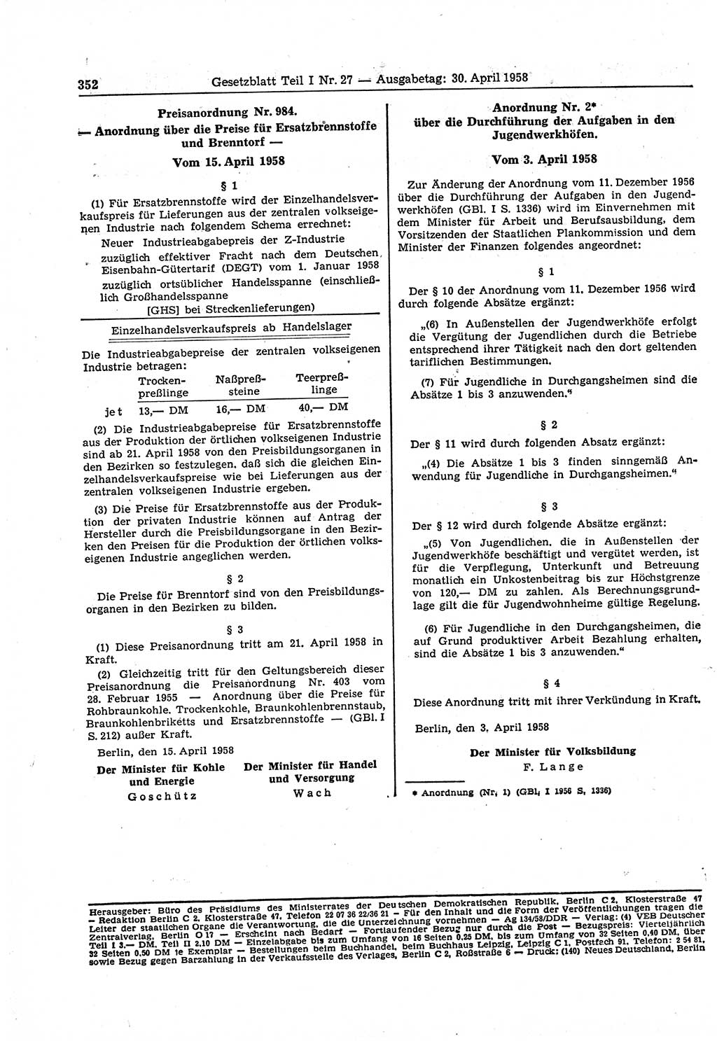 Gesetzblatt (GBl.) der Deutschen Demokratischen Republik (DDR) Teil Ⅰ 1958, Seite 352 (GBl. DDR Ⅰ 1958, S. 352)