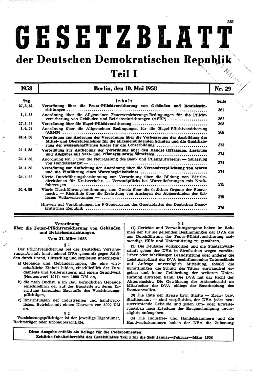 Gesetzblatt (GBl.) der Deutschen Demokratischen Republik (DDR) Teil Ⅰ 1958, Seite 361 (GBl. DDR Ⅰ 1958, S. 361)