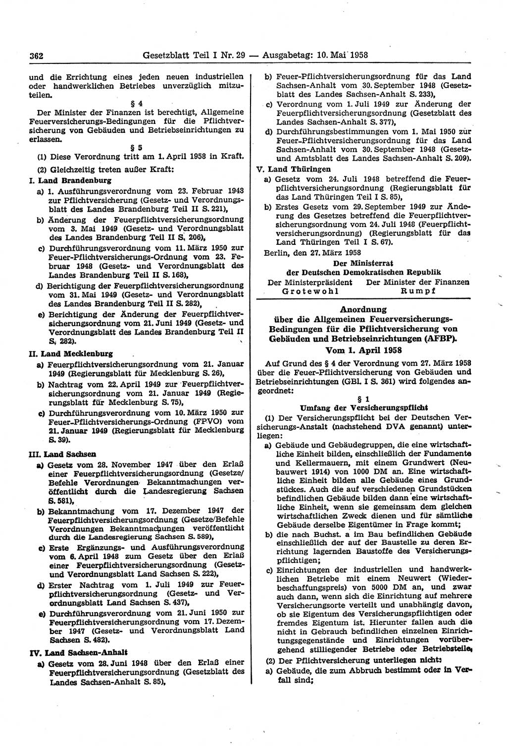 Gesetzblatt (GBl.) der Deutschen Demokratischen Republik (DDR) Teil Ⅰ 1958, Seite 362 (GBl. DDR Ⅰ 1958, S. 362)