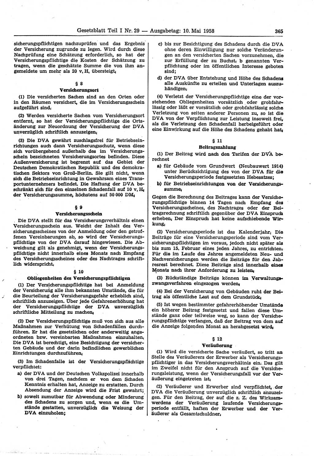 Gesetzblatt (GBl.) der Deutschen Demokratischen Republik (DDR) Teil Ⅰ 1958, Seite 365 (GBl. DDR Ⅰ 1958, S. 365)