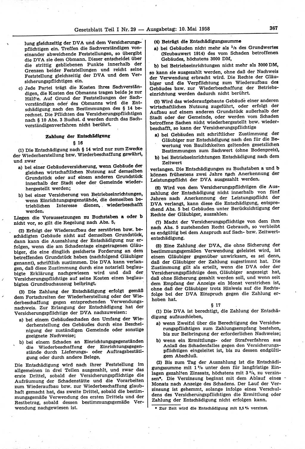 Gesetzblatt (GBl.) der Deutschen Demokratischen Republik (DDR) Teil Ⅰ 1958, Seite 367 (GBl. DDR Ⅰ 1958, S. 367)