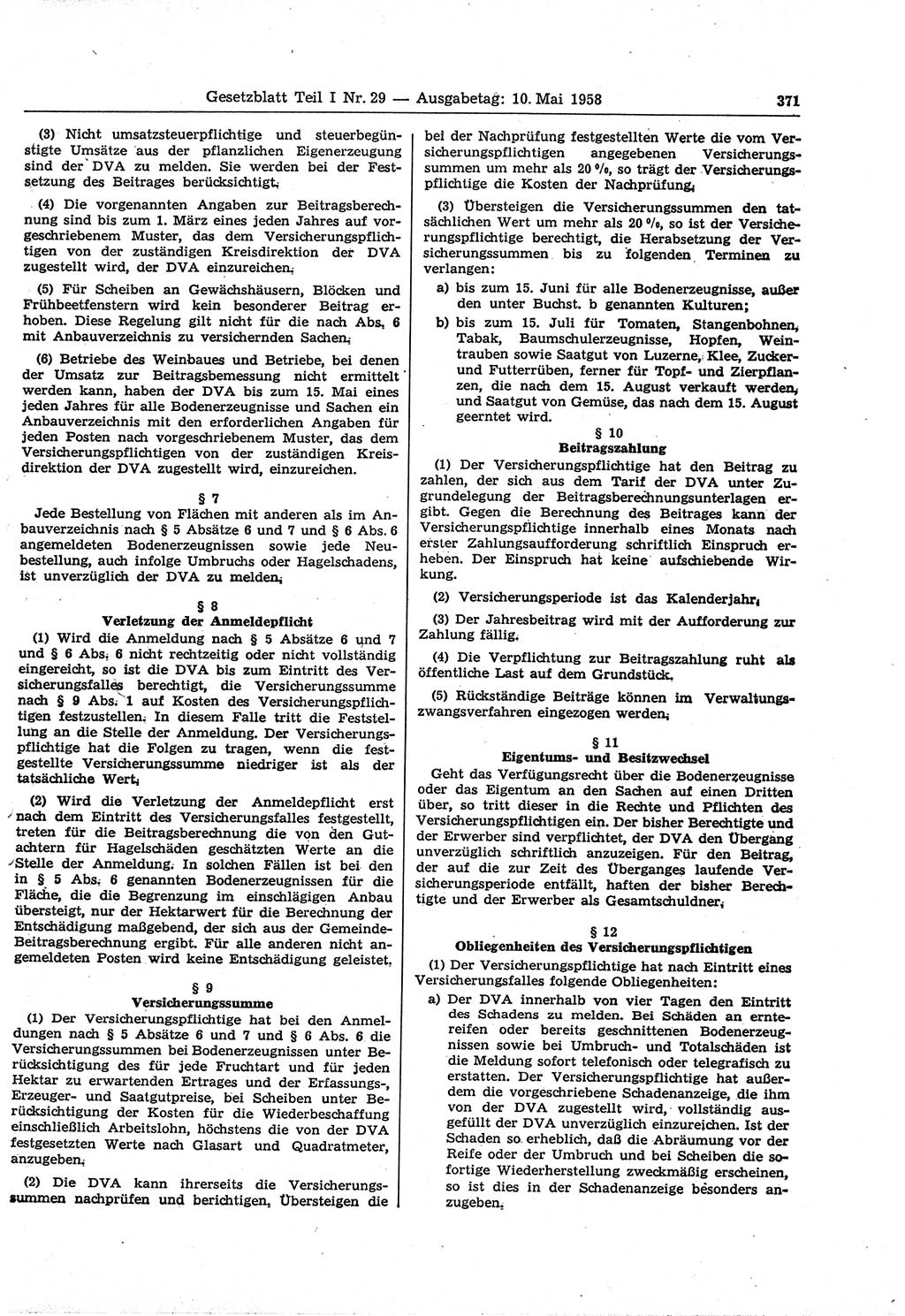 Gesetzblatt (GBl.) der Deutschen Demokratischen Republik (DDR) Teil Ⅰ 1958, Seite 371 (GBl. DDR Ⅰ 1958, S. 371)