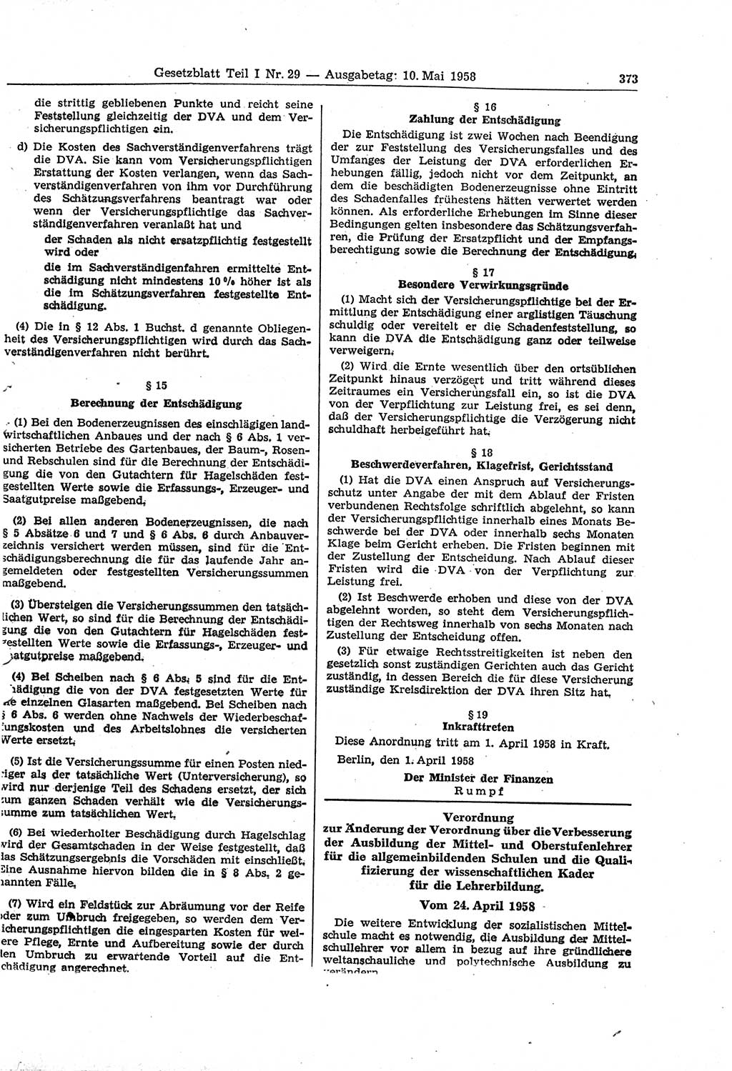 Gesetzblatt (GBl.) der Deutschen Demokratischen Republik (DDR) Teil Ⅰ 1958, Seite 373 (GBl. DDR Ⅰ 1958, S. 373)