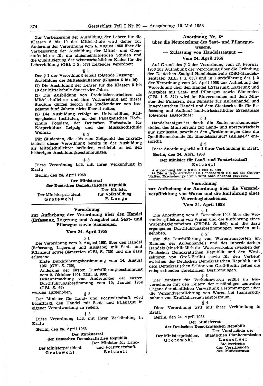 Gesetzblatt (GBl.) der Deutschen Demokratischen Republik (DDR) Teil Ⅰ 1958, Seite 374 (GBl. DDR Ⅰ 1958, S. 374)