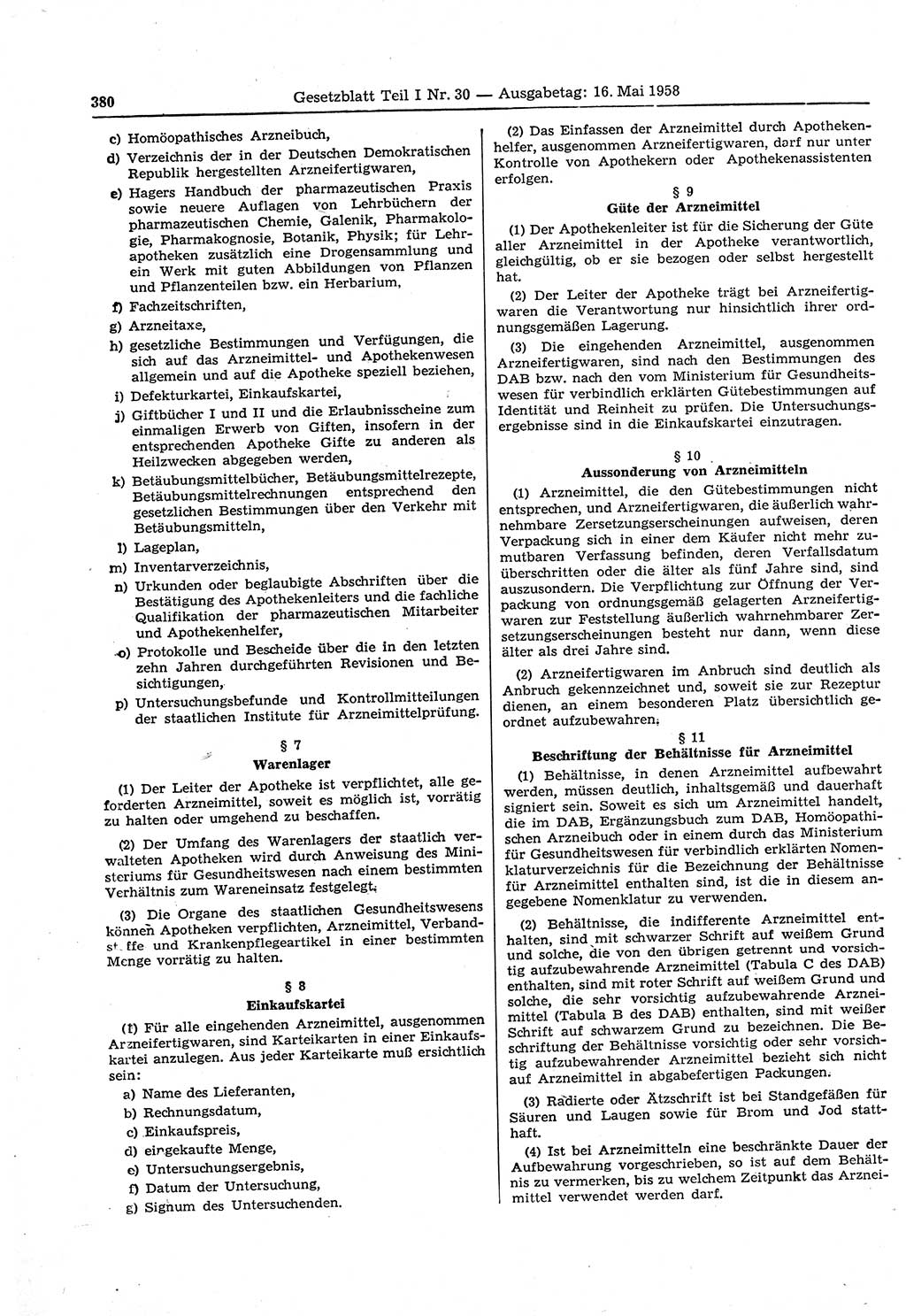 Gesetzblatt (GBl.) der Deutschen Demokratischen Republik (DDR) Teil Ⅰ 1958, Seite 380 (GBl. DDR Ⅰ 1958, S. 380)