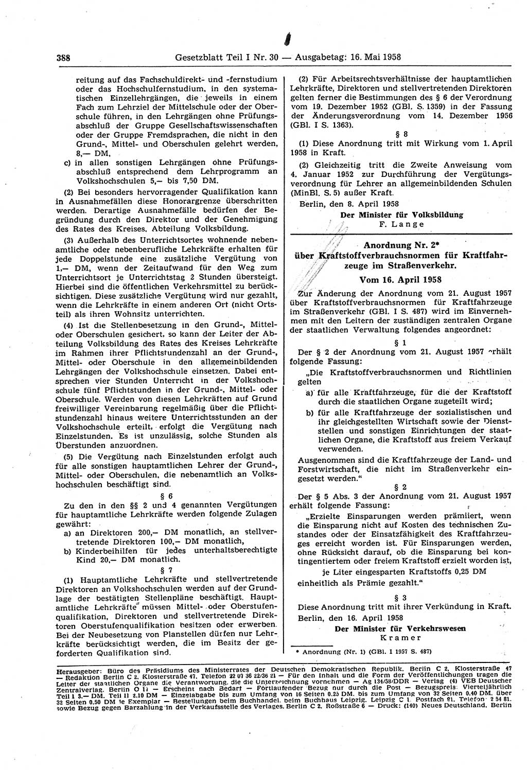 Gesetzblatt (GBl.) der Deutschen Demokratischen Republik (DDR) Teil Ⅰ 1958, Seite 388 (GBl. DDR Ⅰ 1958, S. 388)