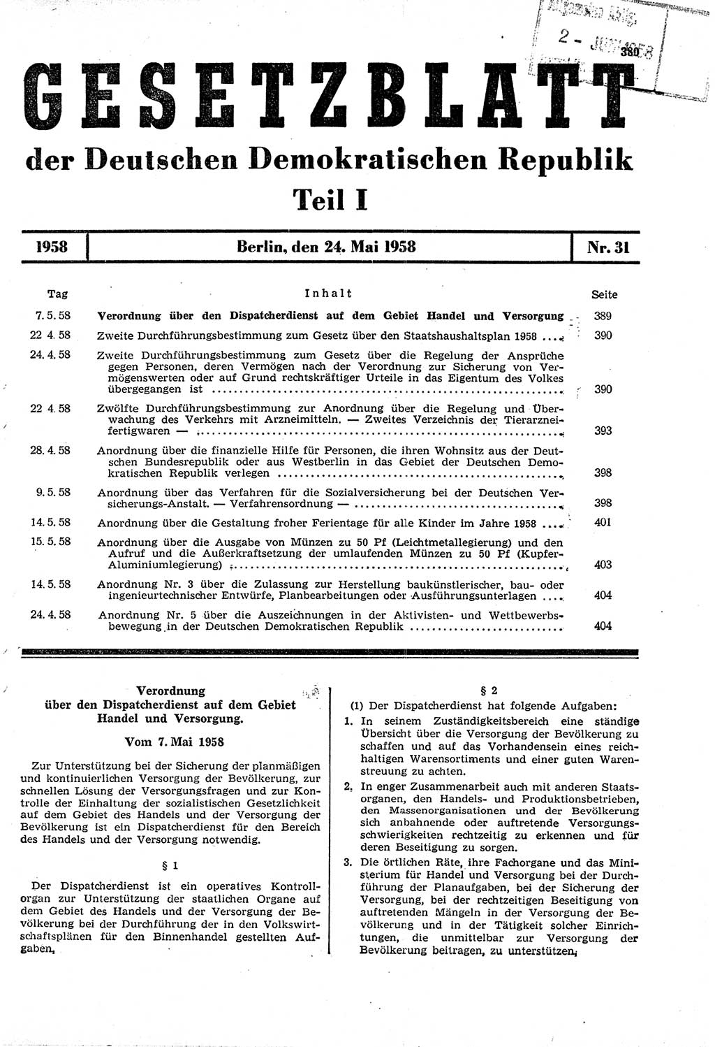 Gesetzblatt (GBl.) der Deutschen Demokratischen Republik (DDR) Teil Ⅰ 1958, Seite 389 (GBl. DDR Ⅰ 1958, S. 389)