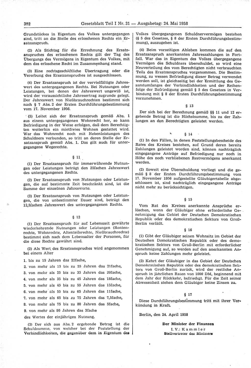 Gesetzblatt (GBl.) der Deutschen Demokratischen Republik (DDR) Teil Ⅰ 1958, Seite 392 (GBl. DDR Ⅰ 1958, S. 392)