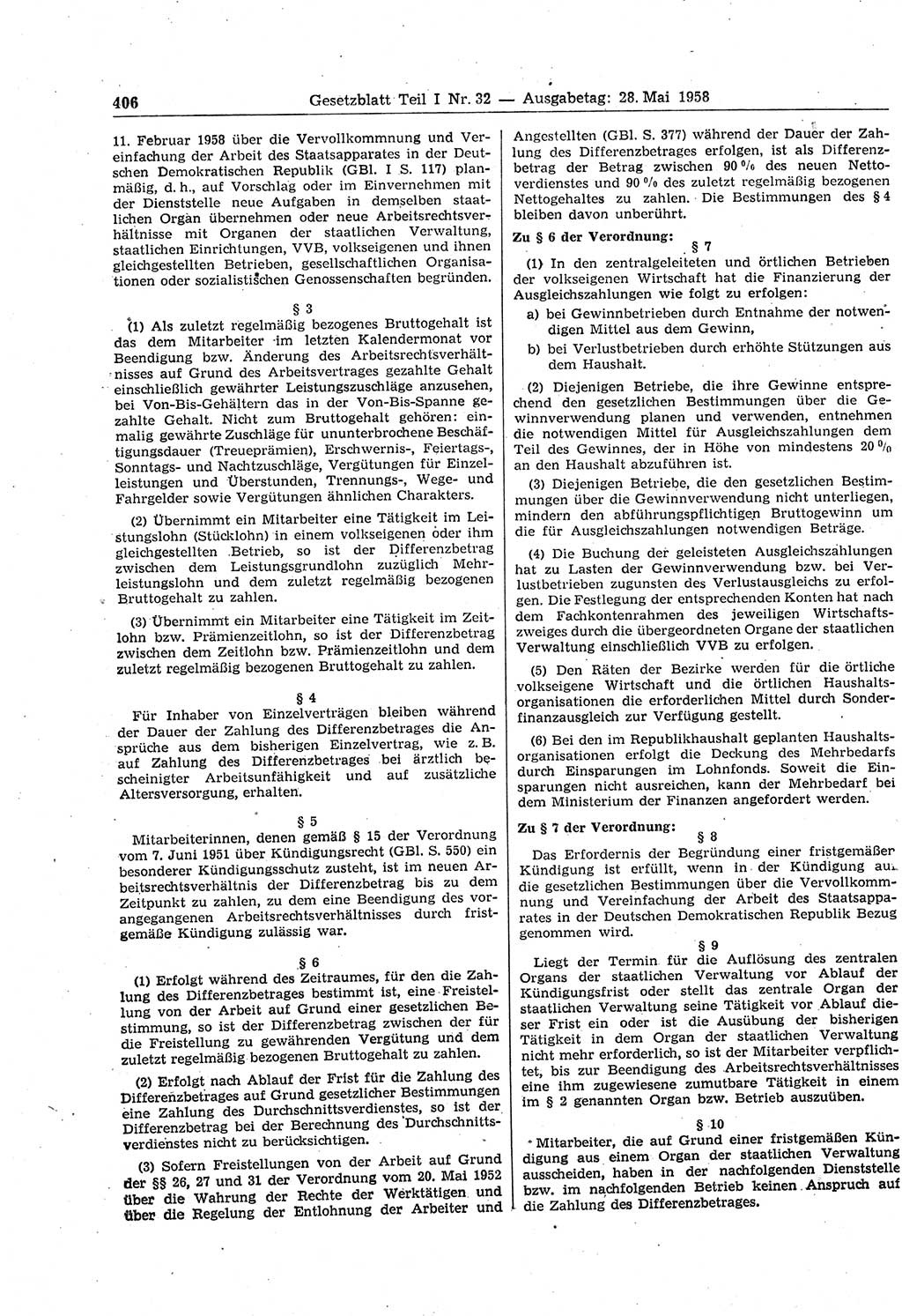 Gesetzblatt (GBl.) der Deutschen Demokratischen Republik (DDR) Teil Ⅰ 1958, Seite 406 (GBl. DDR Ⅰ 1958, S. 406)