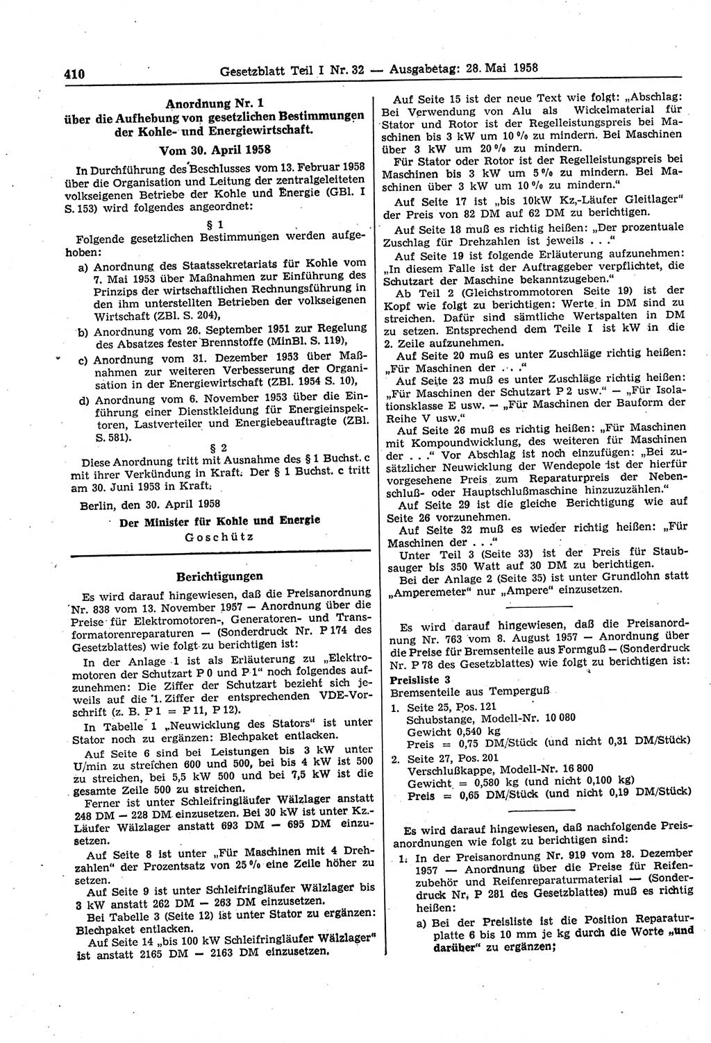 Gesetzblatt (GBl.) der Deutschen Demokratischen Republik (DDR) Teil Ⅰ 1958, Seite 410 (GBl. DDR Ⅰ 1958, S. 410)