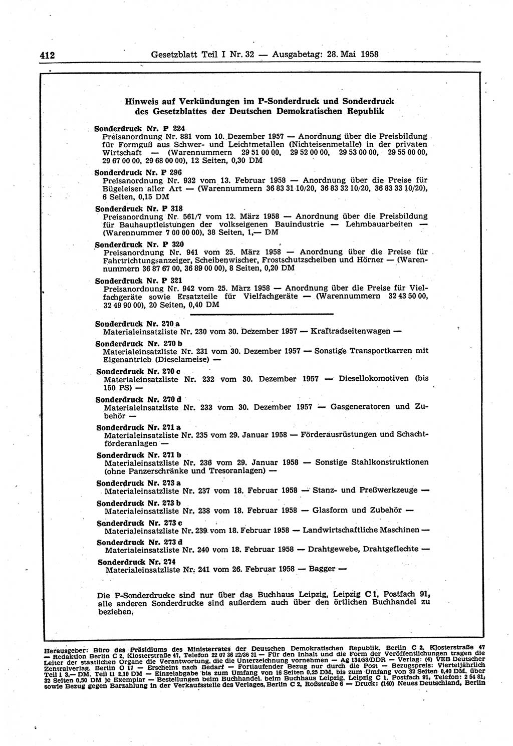 Gesetzblatt (GBl.) der Deutschen Demokratischen Republik (DDR) Teil Ⅰ 1958, Seite 412 (GBl. DDR Ⅰ 1958, S. 412)