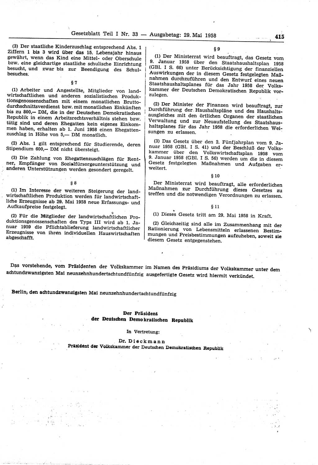 Gesetzblatt (GBl.) der Deutschen Demokratischen Republik (DDR) Teil Ⅰ 1958, Seite 415 (GBl. DDR Ⅰ 1958, S. 415)