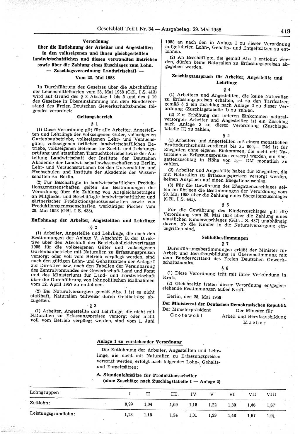 Gesetzblatt (GBl.) der Deutschen Demokratischen Republik (DDR) Teil Ⅰ 1958, Seite 419 (GBl. DDR Ⅰ 1958, S. 419)