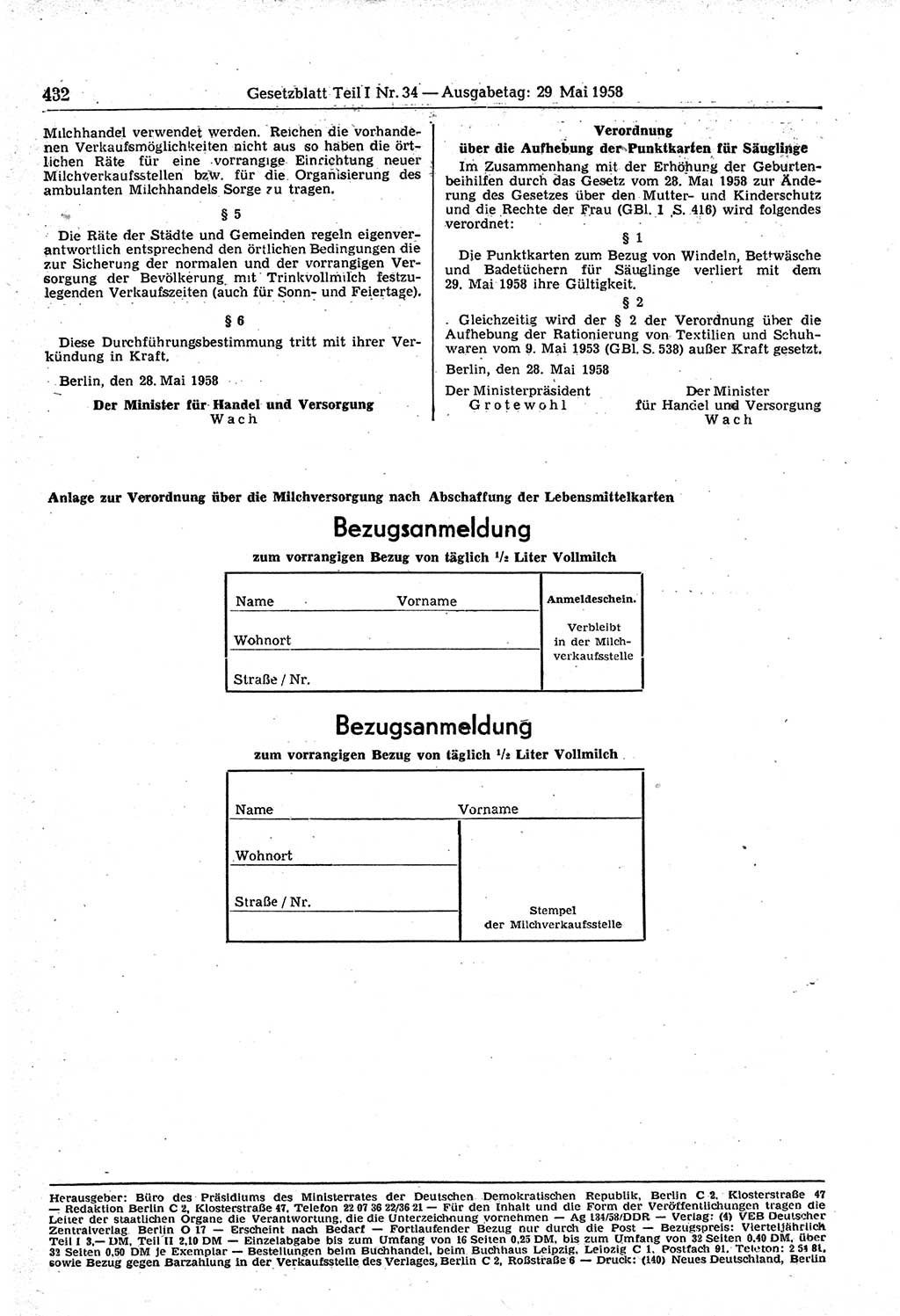 Gesetzblatt (GBl.) der Deutschen Demokratischen Republik (DDR) Teil Ⅰ 1958, Seite 432 (GBl. DDR Ⅰ 1958, S. 432)