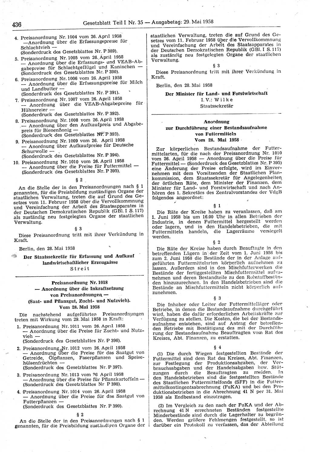 Gesetzblatt (GBl.) der Deutschen Demokratischen Republik (DDR) Teil Ⅰ 1958, Seite 436 (GBl. DDR Ⅰ 1958, S. 436)