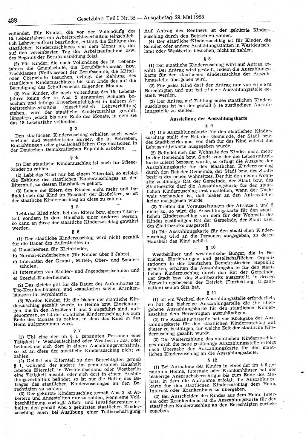 Gesetzblatt (GBl.) der Deutschen Demokratischen Republik (DDR) Teil Ⅰ 1958, Seite 438 (GBl. DDR Ⅰ 1958, S. 438)