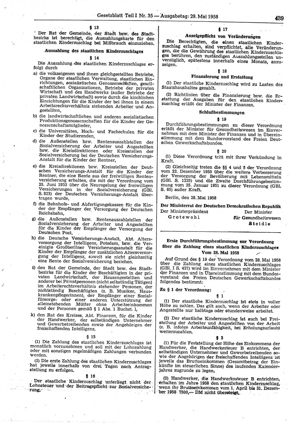 Gesetzblatt (GBl.) der Deutschen Demokratischen Republik (DDR) Teil Ⅰ 1958, Seite 439 (GBl. DDR Ⅰ 1958, S. 439)