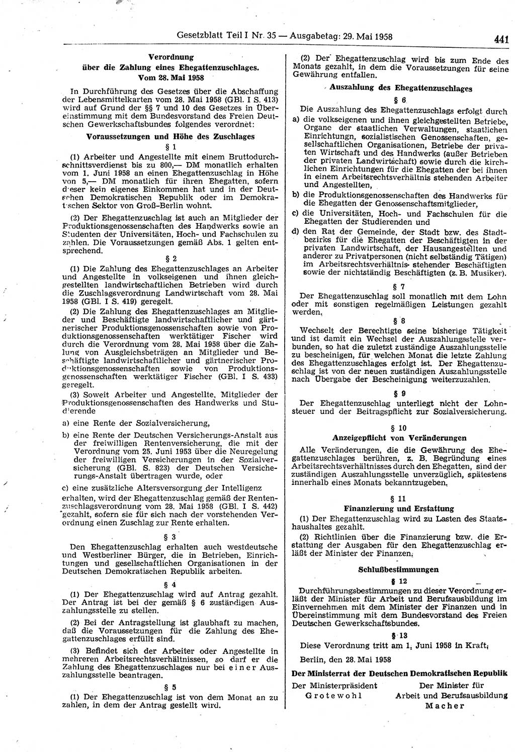 Gesetzblatt (GBl.) der Deutschen Demokratischen Republik (DDR) Teil Ⅰ 1958, Seite 441 (GBl. DDR Ⅰ 1958, S. 441)