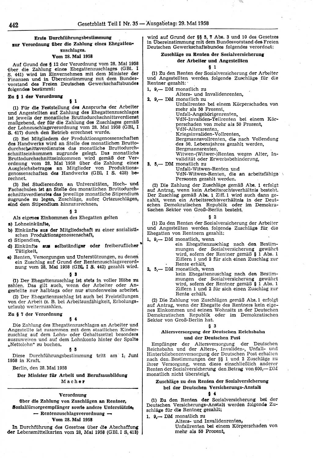 Gesetzblatt (GBl.) der Deutschen Demokratischen Republik (DDR) Teil Ⅰ 1958, Seite 442 (GBl. DDR Ⅰ 1958, S. 442)