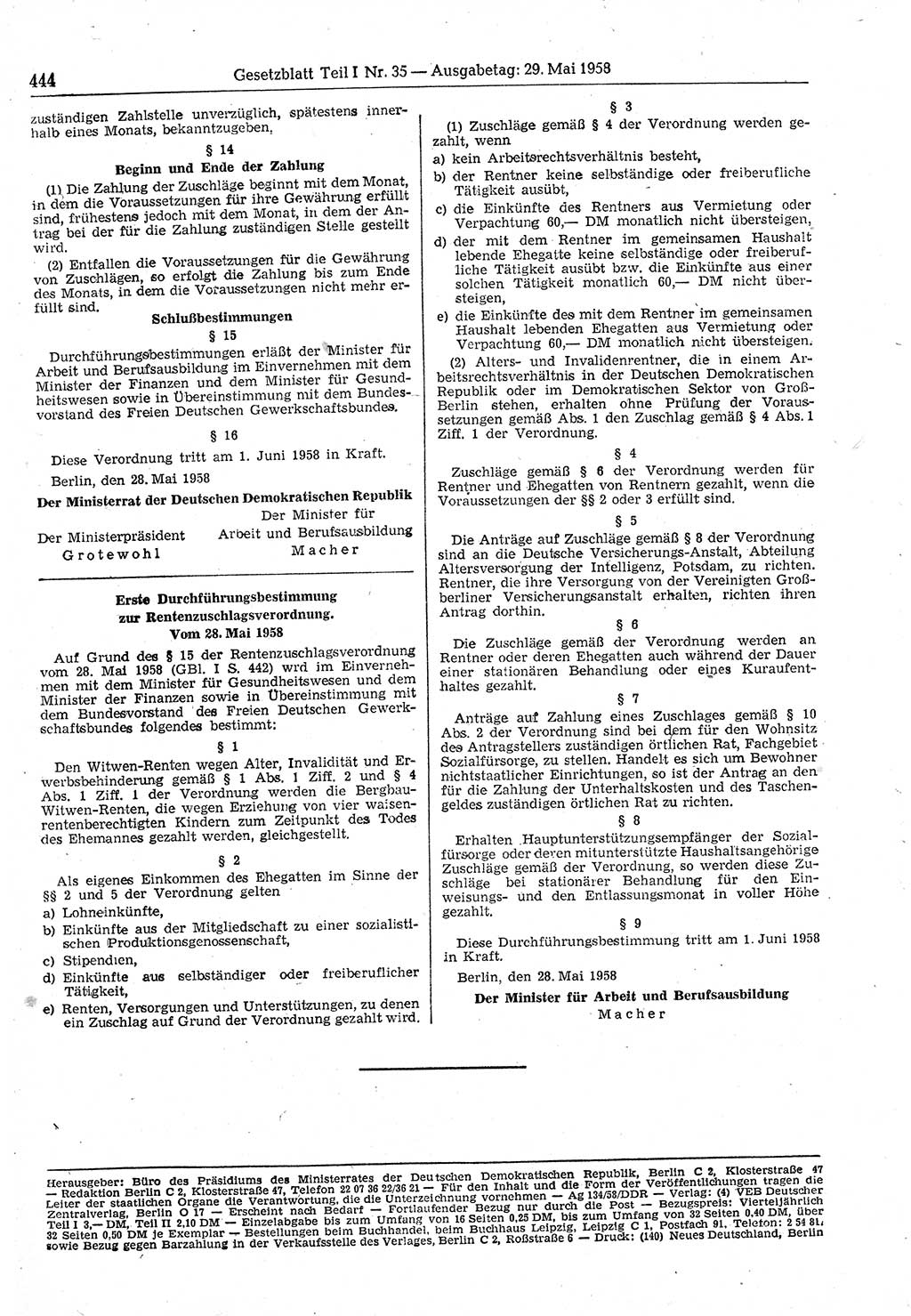Gesetzblatt (GBl.) der Deutschen Demokratischen Republik (DDR) Teil Ⅰ 1958, Seite 444 (GBl. DDR Ⅰ 1958, S. 444)