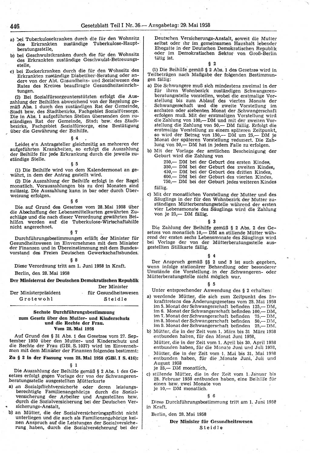 Gesetzblatt (GBl.) der Deutschen Demokratischen Republik (DDR) Teil Ⅰ 1958, Seite 446 (GBl. DDR Ⅰ 1958, S. 446)