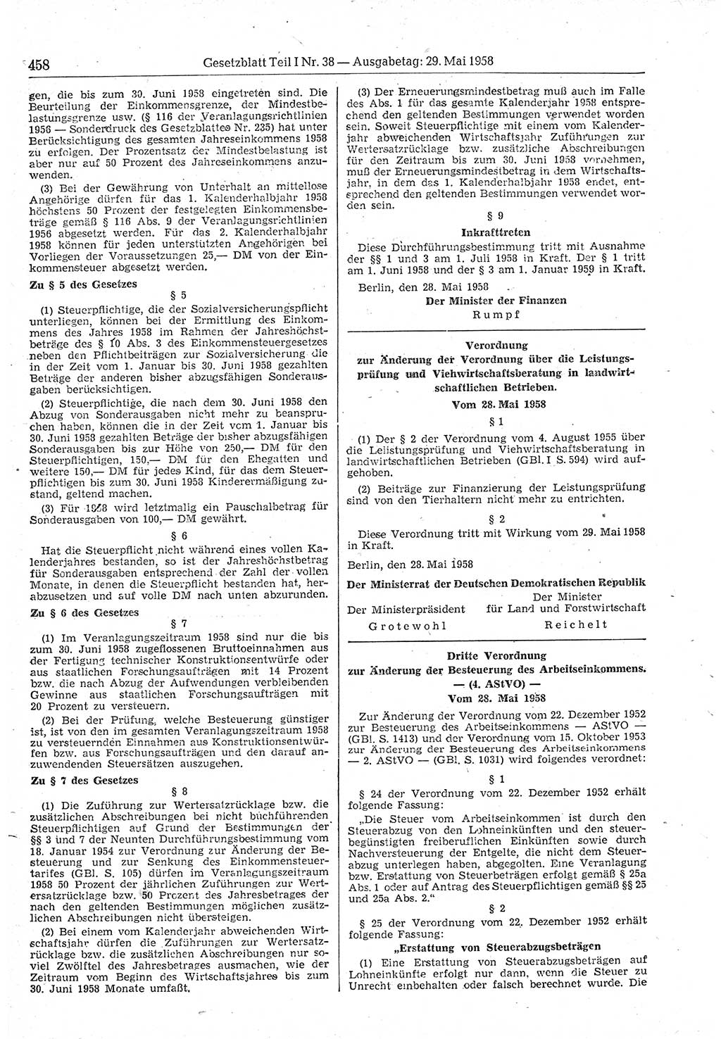 Gesetzblatt (GBl.) der Deutschen Demokratischen Republik (DDR) Teil Ⅰ 1958, Seite 458 (GBl. DDR Ⅰ 1958, S. 458)