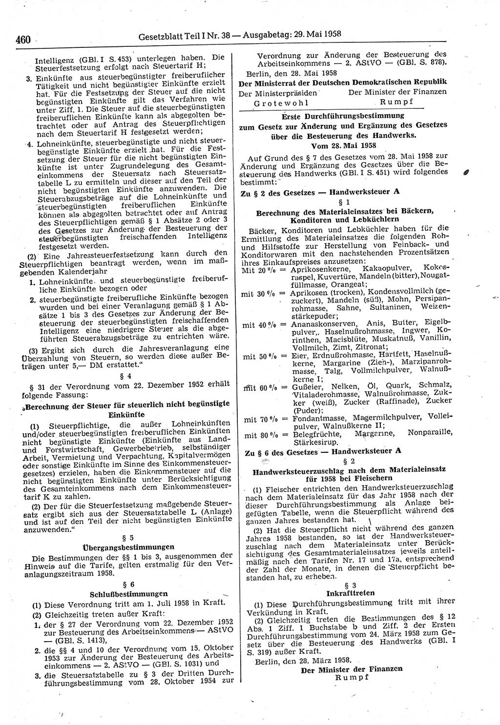 Gesetzblatt (GBl.) der Deutschen Demokratischen Republik (DDR) Teil â… 1958, Seite 460 (GBl. DDR â… 1958, S. 460)