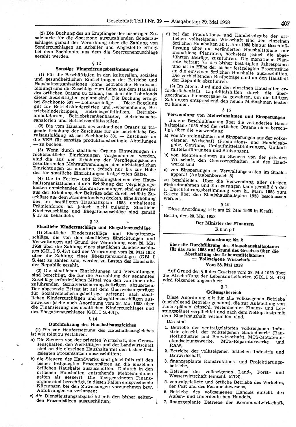 Gesetzblatt (GBl.) der Deutschen Demokratischen Republik (DDR) Teil Ⅰ 1958, Seite 467 (GBl. DDR Ⅰ 1958, S. 467)