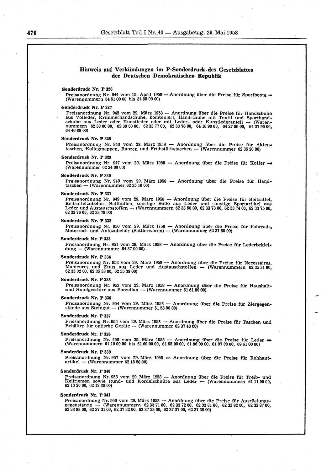 Gesetzblatt (GBl.) der Deutschen Demokratischen Republik (DDR) Teil Ⅰ 1958, Seite 476 (GBl. DDR Ⅰ 1958, S. 476)