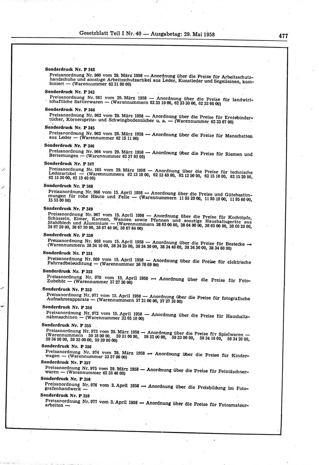 Gesetzblatt (GBl.) der Deutschen Demokratischen Republik (DDR) Teil Ⅰ 1958, Seite 477 (GBl. DDR Ⅰ 1958, S. 477)