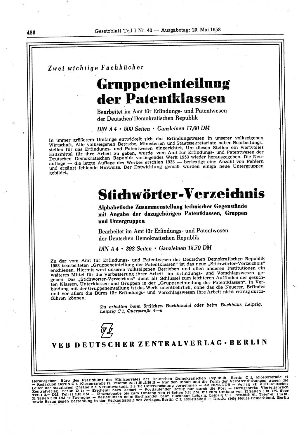 Gesetzblatt (GBl.) der Deutschen Demokratischen Republik (DDR) Teil â… 1958, Seite 480 (GBl. DDR â… 1958, S. 480)