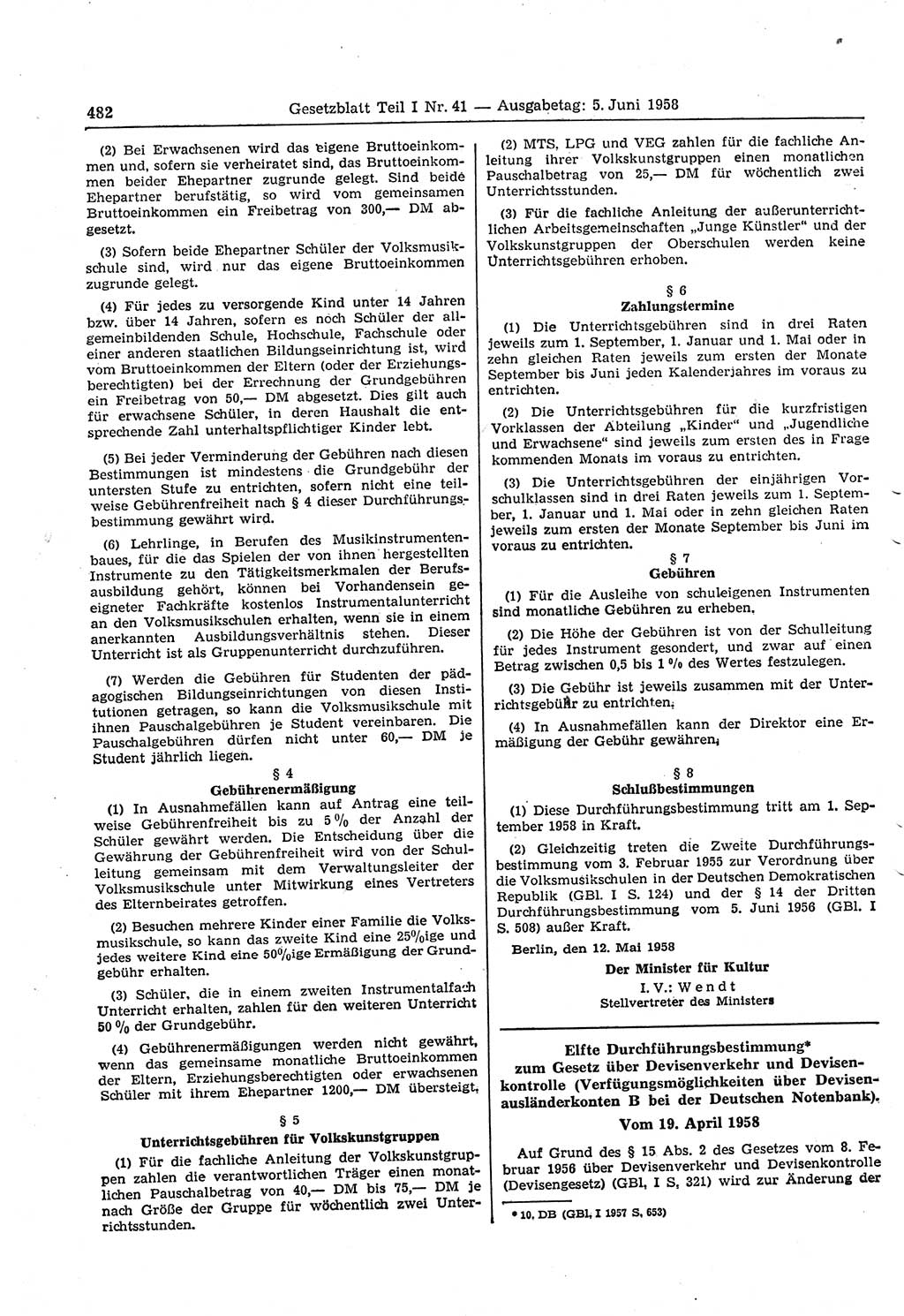 Gesetzblatt (GBl.) der Deutschen Demokratischen Republik (DDR) Teil Ⅰ 1958, Seite 482 (GBl. DDR Ⅰ 1958, S. 482)