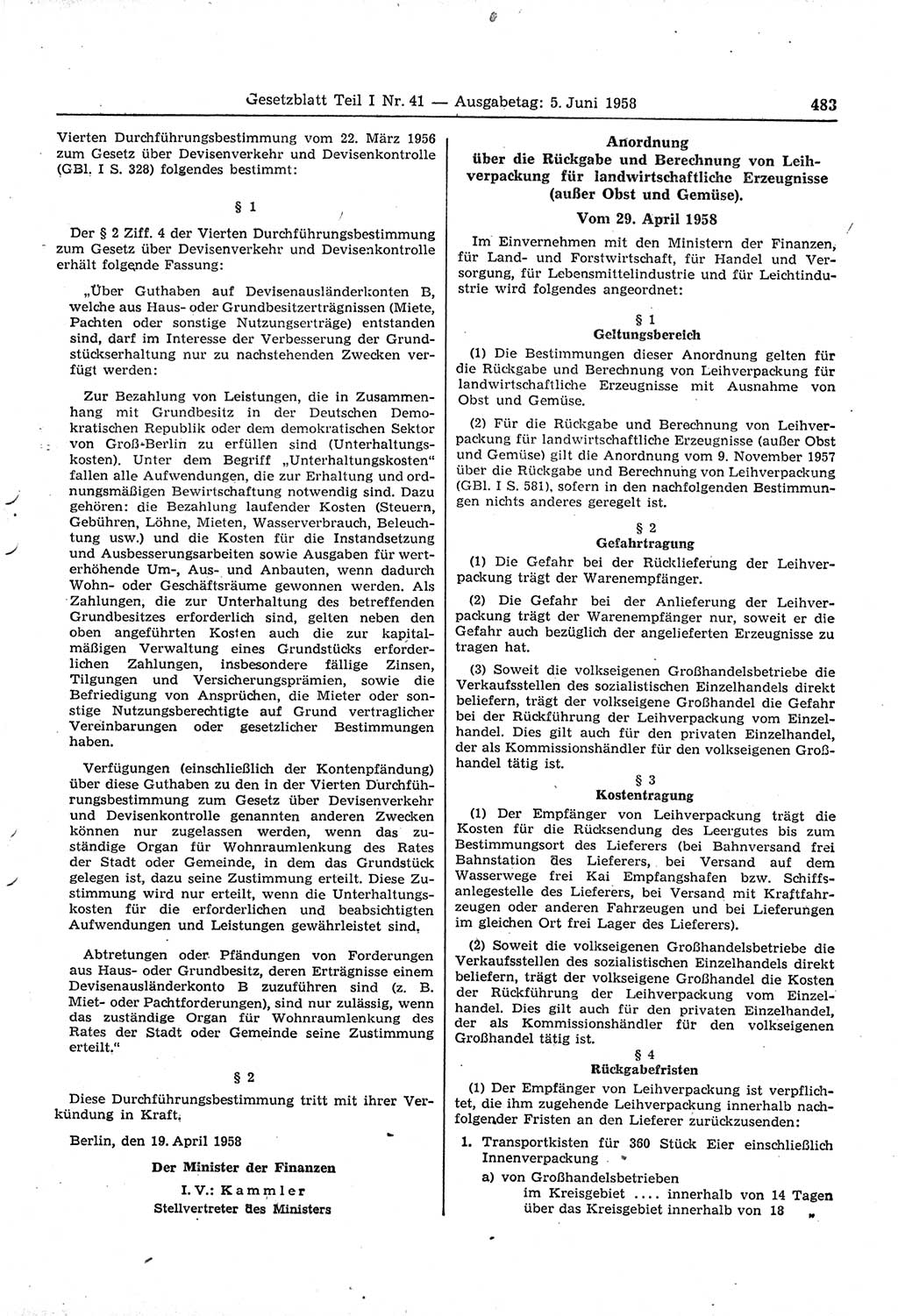 Gesetzblatt (GBl.) der Deutschen Demokratischen Republik (DDR) Teil Ⅰ 1958, Seite 483 (GBl. DDR Ⅰ 1958, S. 483)