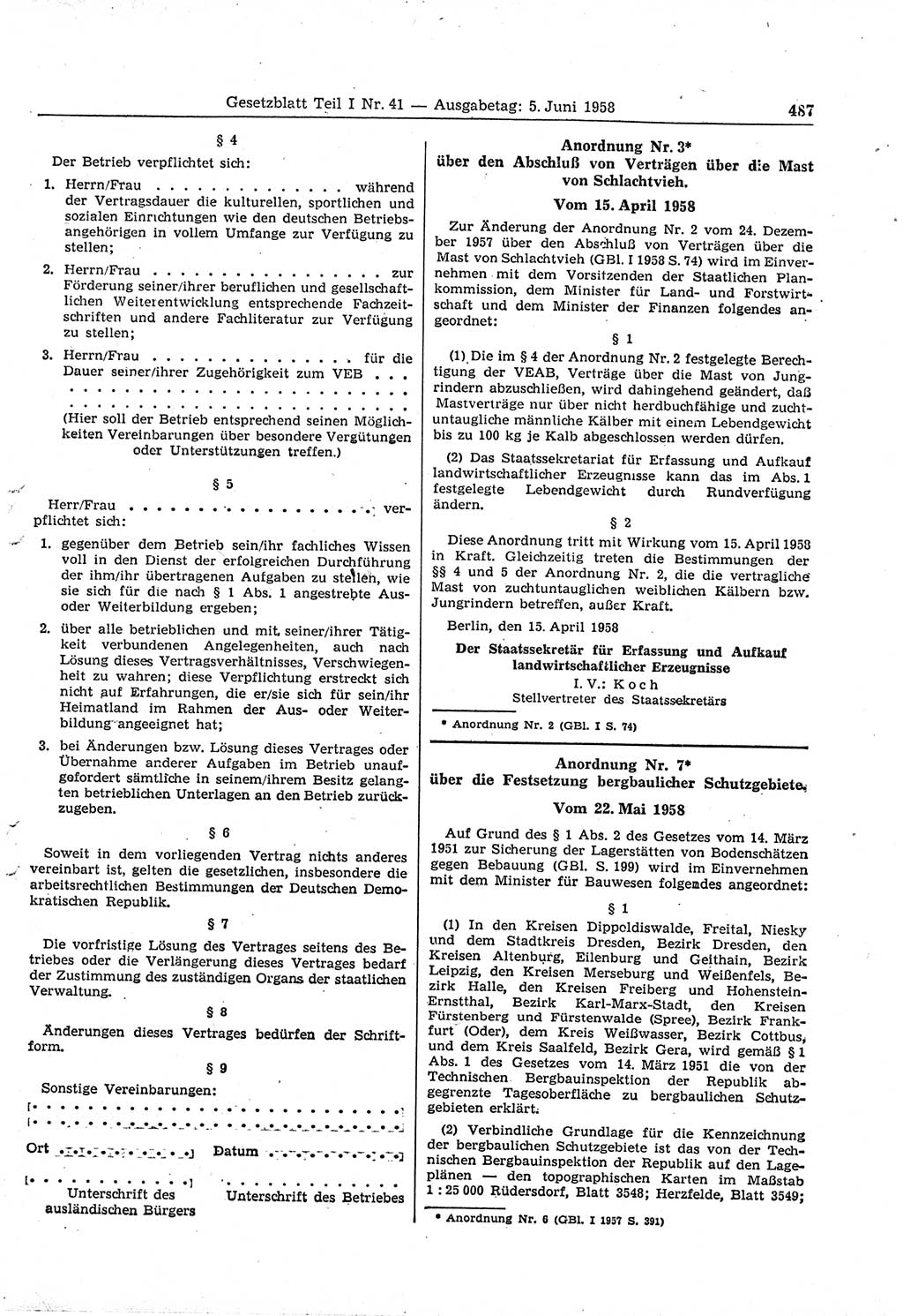 Gesetzblatt (GBl.) der Deutschen Demokratischen Republik (DDR) Teil Ⅰ 1958, Seite 487 (GBl. DDR Ⅰ 1958, S. 487)