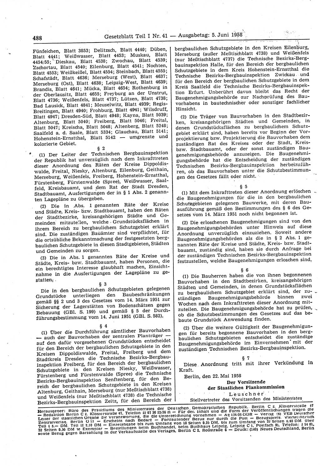 Gesetzblatt (GBl.) der Deutschen Demokratischen Republik (DDR) Teil Ⅰ 1958, Seite 488 (GBl. DDR Ⅰ 1958, S. 488)