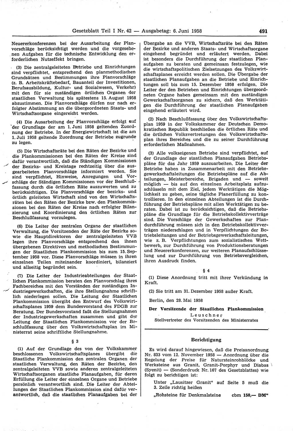 Gesetzblatt (GBl.) der Deutschen Demokratischen Republik (DDR) Teil Ⅰ 1958, Seite 491 (GBl. DDR Ⅰ 1958, S. 491)