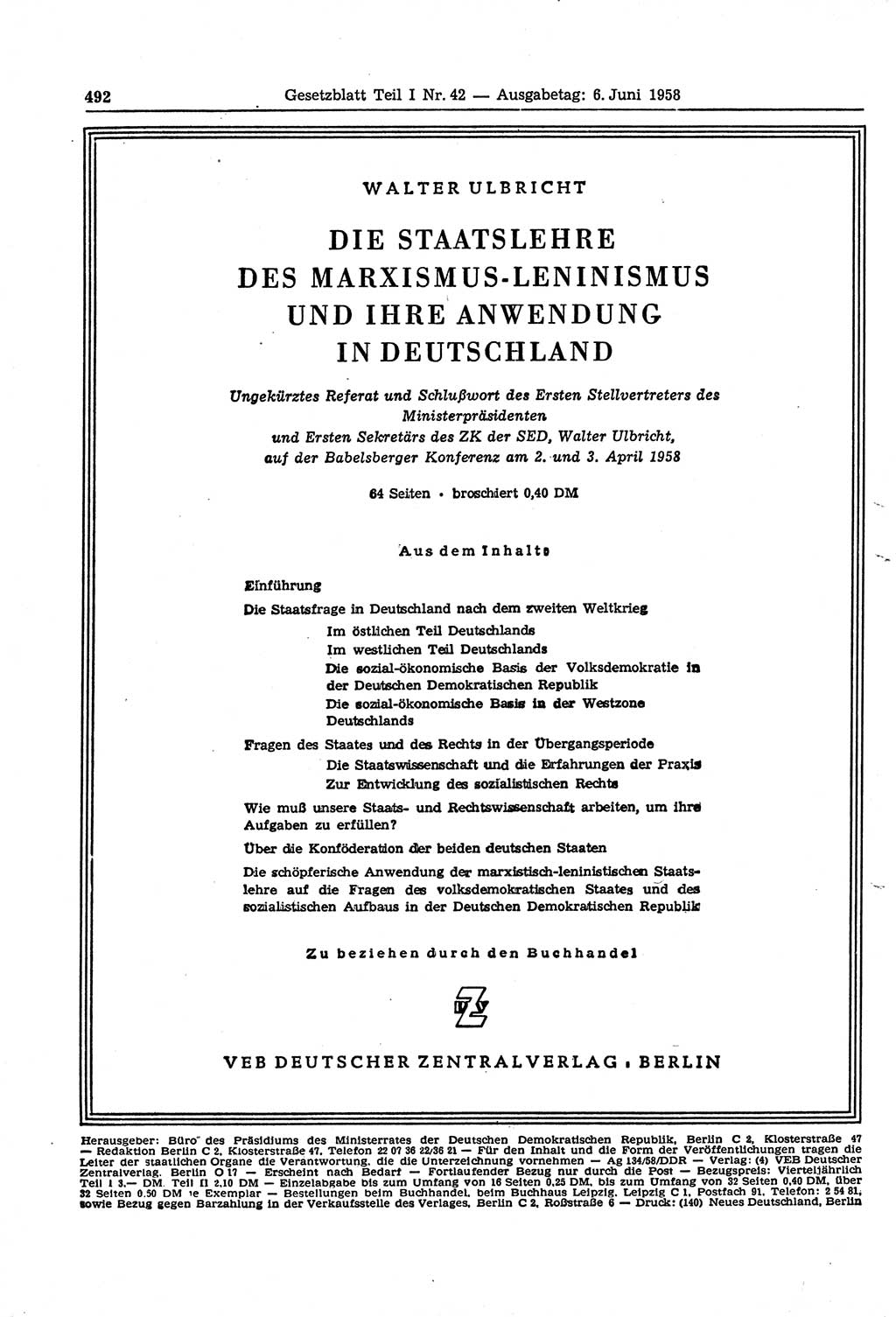 Gesetzblatt (GBl.) der Deutschen Demokratischen Republik (DDR) Teil Ⅰ 1958, Seite 492 (GBl. DDR Ⅰ 1958, S. 492)